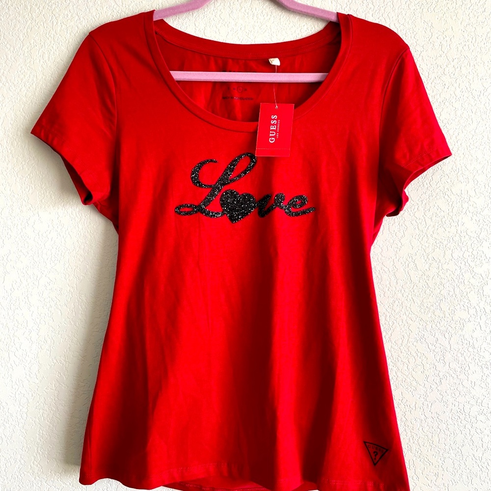 NEW GUESS Los Angeles Women’s Short Sleeve T-Shirt Sz Large Dark Red w/Black